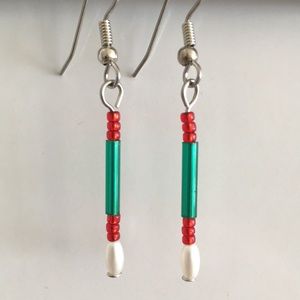 Beaded Drop Pierced Earrings Green Red Pearl Handmade
